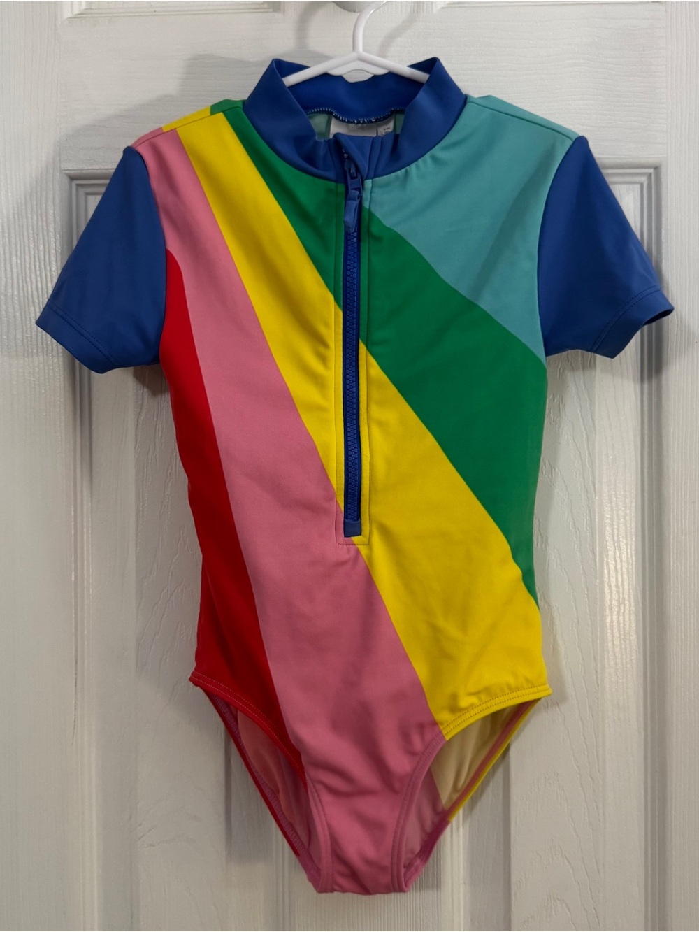 Mini Boden Girl Multicolor Diagonal Stripe Zip Front Swimsuit with Sleeves